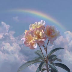 Dreamy Floral Serenity Pink Petaled Roses Beneath Ethereal Rainbow Sky Beautiful Bloom Clouds