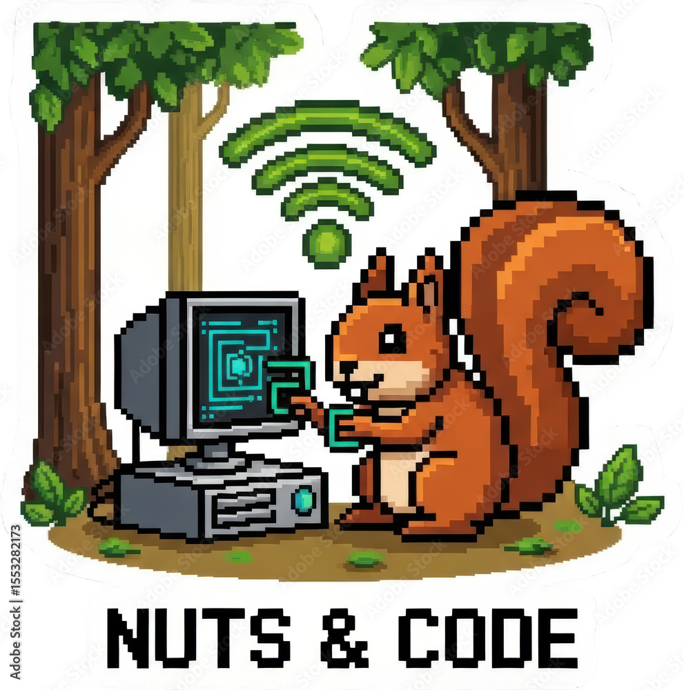 Poster pixel art squirrel using a computer with wifi in a forest setting nature