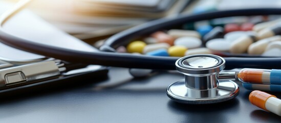 Medical equipment scattered on clinical workspace, showing stethoscope, prescription medications, patient records signaling healthcare professional environment