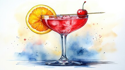Watercolor Cocktail with Cherry and Orange Artistic Illustration Capturing Festive Mood And Vibrant Colors Fresh Juice