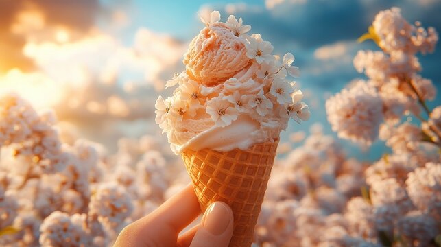Delicate peach ice cream cone adorned with petite white flowers against a bokeh blossom backdrop dessert