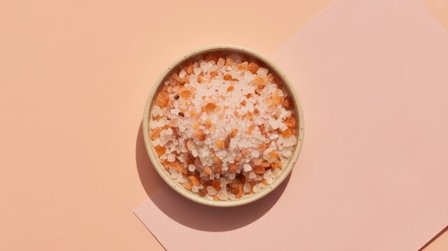 Himalayan pink salt in bowl on peach and pink background - Powered by Adobe