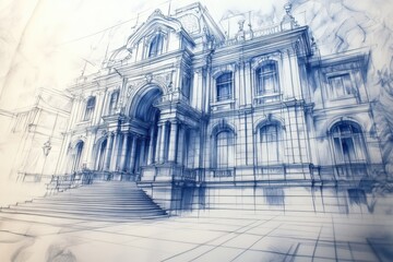 A blue drawing of a large building with a lot of windows. Architecture and construction of buildings and structures Interior and exterior.