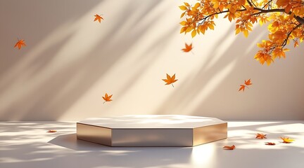 Elegant hexagonal podium bathed in warm sunlight with falling autumn maple leaves and dappled shadows