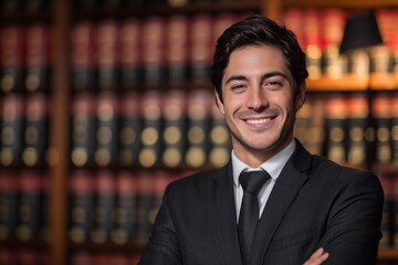 handsome male lawyer, smiling and standing in front of law books with his arms crossed