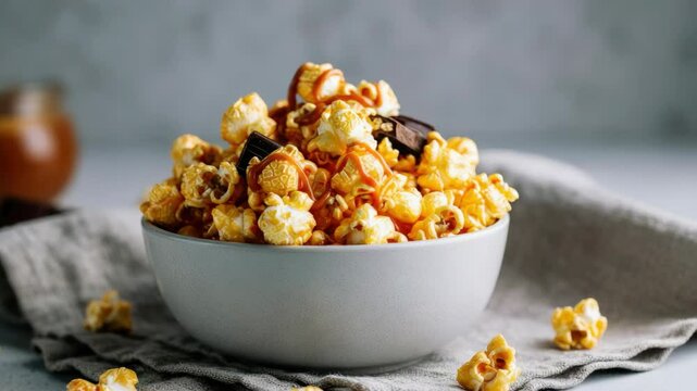 Bowl of caramel popcorn with chocolate pieces on cloth