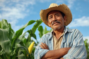 happy Mexican farmer with arms crossed in front of a corn field