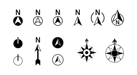 Basic North Arrow Mark Sign Symbol Icon Set for Site Plan and Map Orientation. Vector Image.