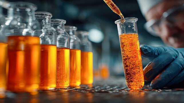 A focused male scientist in safety goggles examines test tubes filled with vibrant orange liquid in a laboratory setting