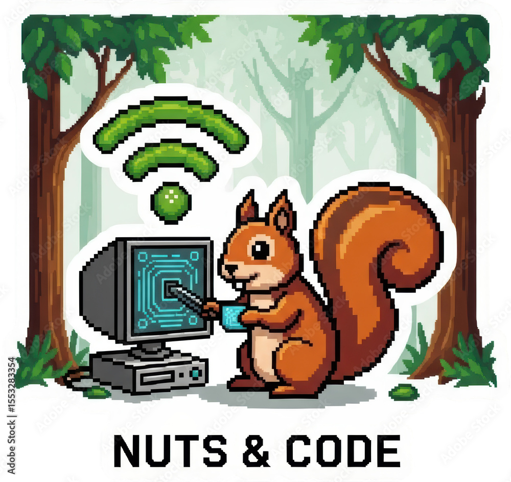 Fototapete cartoon squirrel using a computer in a forest with a wifi symbol rendered in pixel art style