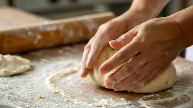 Nature-inspired lifestyle with a focus on organic touch and rich textures. Skillful Hands Kneading Warm Elastic Dough on Wooden Surface
