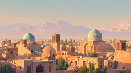 Aerial view of historic cityscape with domes and mountain backdrop