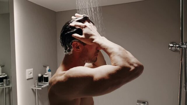 Cosmetics, man and washing hair for hygiene, grooming and self care or cleaning studio grey background. Wellness, male person and water with shampoo showering for body health and haircare with foam