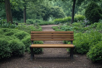 Fototapeta premium Rustic Wooden Bench in a Peaceful Green Park Setting