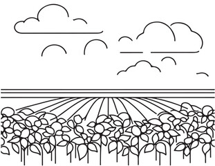 Farm field landscape sketch. Hand drawn silhouette