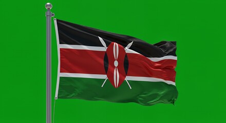 Kenya's vibrant flag billows proudly against a chroma key green screen, ready for your project.