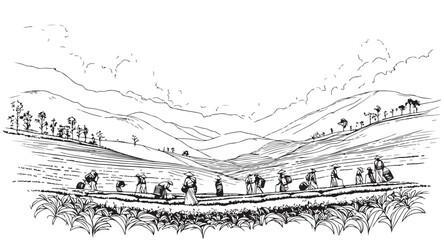 Landscape sketch design silhouette. Farmer on fields. Hand drawn vector illustration