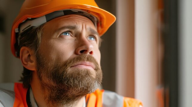 Bearded man wearing a safety helmet gazing thoughtfully with a reflective look