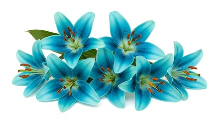 Vibrant Teal Lilies Cluster Closeup White Background Floral Arrangement Six Blooms blue lilies aqua lilies