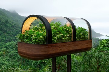 Elevated Tropical Greenhouse with Lush Greenery and Ocean View