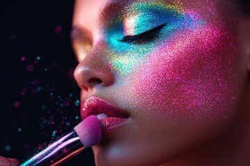 A woman is applying makeup with a brush. Vibrant and beautiful blush makeup application featuring brush and powder for a stunning look.