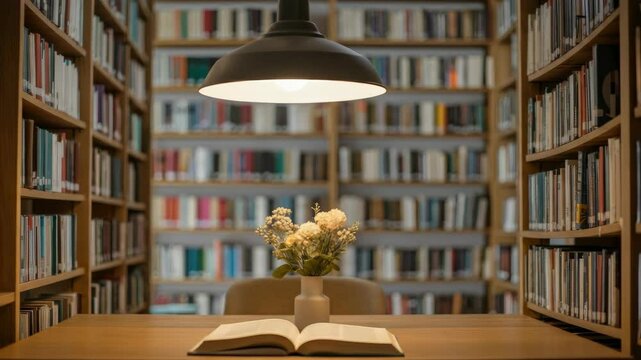 Cozy library scene with open book and flowers on table