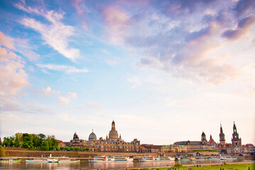 The picturesque view of old Dresden over the river Elbe at dawn. Saxony, Germany, Europe.