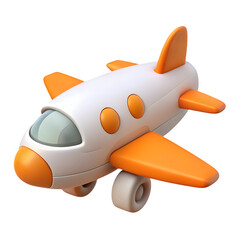 A cartoon airplane with orange wings and white body is isolated on transparent background