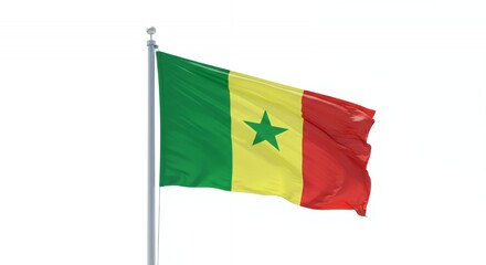 Senegal's vibrant flag billows proudly against a clear white sky.
