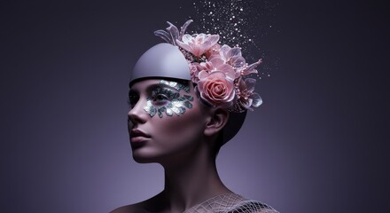 Futuristic female android with blooming floral head, digital elegance.
