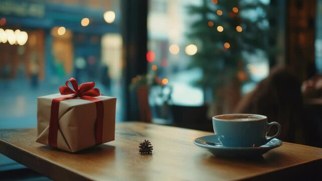 Present wrapped in red and white wrapping paper, sitting next to cup of coffee or tea on a table. Bright lights in background suggest festive atmosphere.
