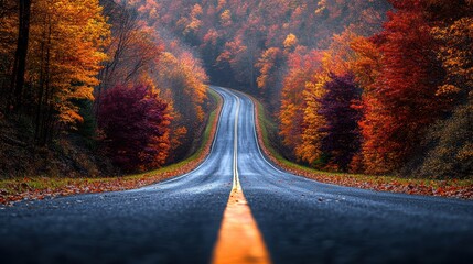 Scenic Autumn Road Journey Through Colorful Forest Trees in Radiant Light with Foliage Ground