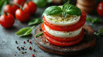 Exquisite Caprese Stack Featuring Sliced Tomatoes Fresh Mozzarella Aromatic Basil and Olive Oil on Rustic Wooden Board