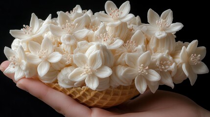 Elegant confectionery concept close up of a waffle cone filled with flowers made of white cream delight