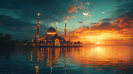 Serene Mosque Silhouette at Twilight Majestic Islamic Architecture Reflecting in Calm Waters Golden Hour Tranquil Horizon Idyllic