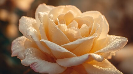 Close-up view of a delicate dew-covered yellow rose in soft morning light
