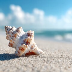 Seashell on Beach Fine Sand with a Blue Sea and Sky Dream Vacation Tranquil Escape Coastal Serenity Focus On The Marine Life Ocean Breeze Summer Mood