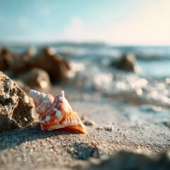 Captivating seashell on sun kissed beach sandy shore sparkling ocean creating tranquil idyllic coastal scene peaceful serenity