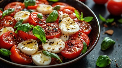 Caprese salad with fresh tomatoes and mozzarella cheese drizzled with olive oil and basil garnish healthy eating concept