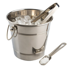 Stainless steel ice bucket with tongs and scoop isolated on transparent background