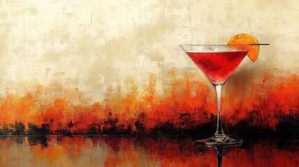 Artistic Refreshment Red Cocktail Glass with Orange Slice Against Abstract Painted Background