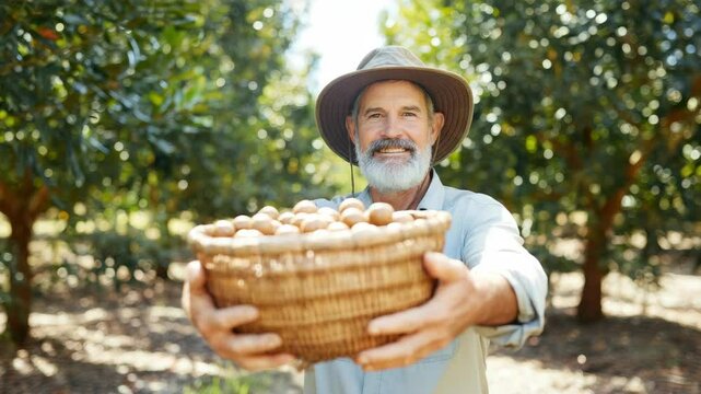 Mature male farmer holding basket of macadamia nuts in orchard