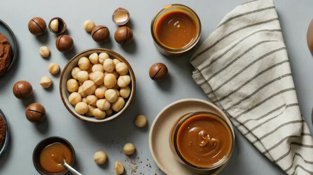 Macadamia nuts, chocolate cookies, caramel, and coffee on table