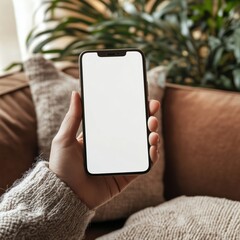 Woman holding smartphone with blank screen in cozy living room