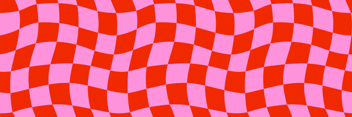Seamless retro checker pattern background with red and pink wavy squares in groovy style. Abstract checkerboard vector for wallpaper, wrapping paper, fabric, funky prints. Drag to swatches panel