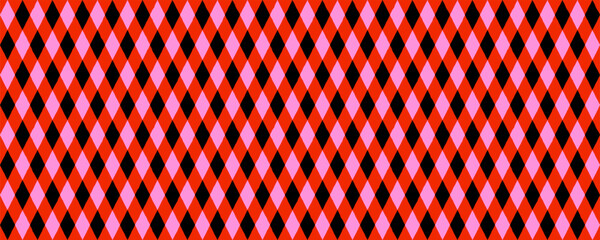 Seamless pattern with red, black, pink diamond rhombus shapes. Vector seamless texture for wallpaper, costumes, party decor. Drag to swatches panel to use.