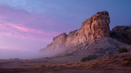 Misty Desert Landscape with Pink Sky and Rugged Cliff at Dawn