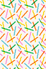 Seamless confetti pattern with colorful wavy streamers in green, yellow, pink, orange and blue on white. Seamless colorful pattern. For fabric, wallpaper, gift wrap. Drag to swatches panel to use.
