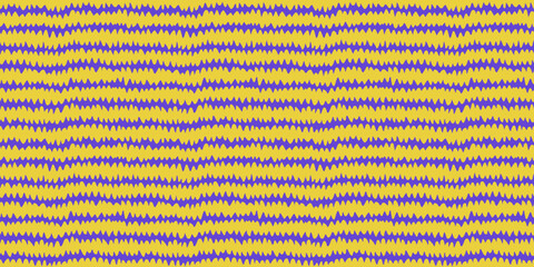 Zigzag pattern seamless background in yellow and purple. Hand drawn brush lines form playful zigzag texture, ideal for fabric, packaging, wallpaper, or bold graphic print. Drag to swatches panel.