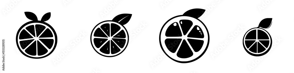 Wall mural black icons of sliced citrus fruits representing oranges in various sizes illustrating freshness and